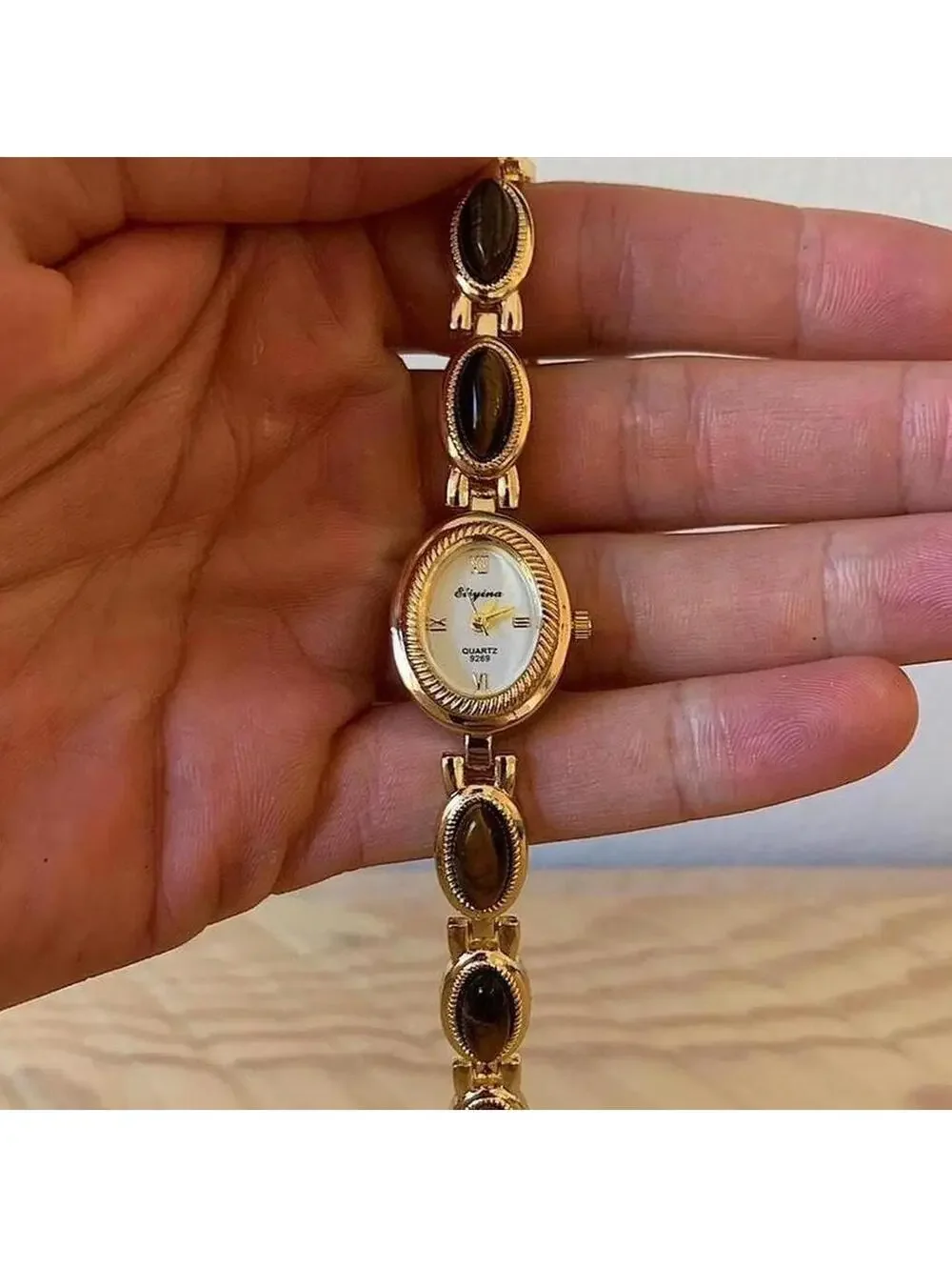 Y2K Gold Brown Dainty Quartz Opal Jade Watch 8 Inch Unisex
